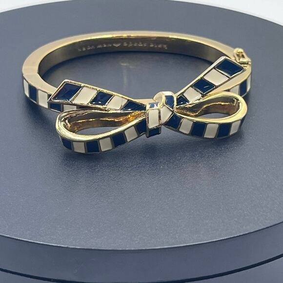 Kate Spade New York Blue White Striped Ribbon Bow Nautical Bangle Bracelet - Picture 7 of 8